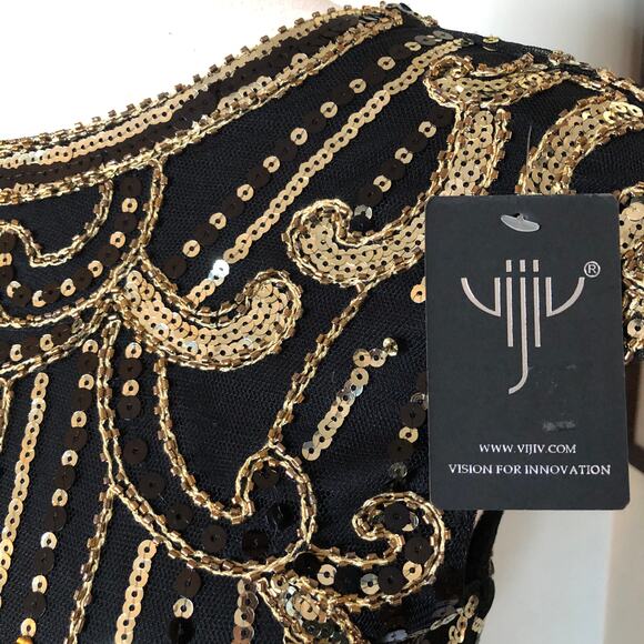 Black Gold Sequin Fringe Dress M Dance Party NYE Gatsby 1920 Flapper Costume NEW - Picture 10 of 12